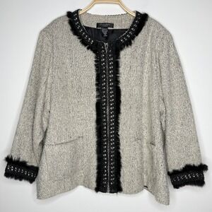 Silkland Woman 3X Tweed Jacket Faux Fur Trim Embellished Career Elegant Coat‎
